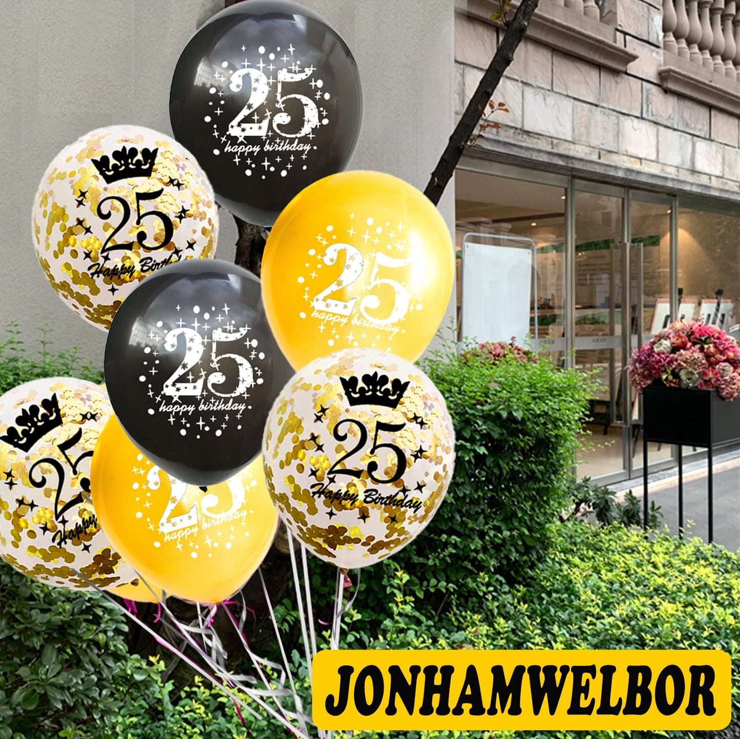 Jonhamwelbor Happy 25Th Birthday Anniversary Balloons (15Pcs 12Inch) 25 Year Old Balloons Decorations 25Th Black And Gold Latex