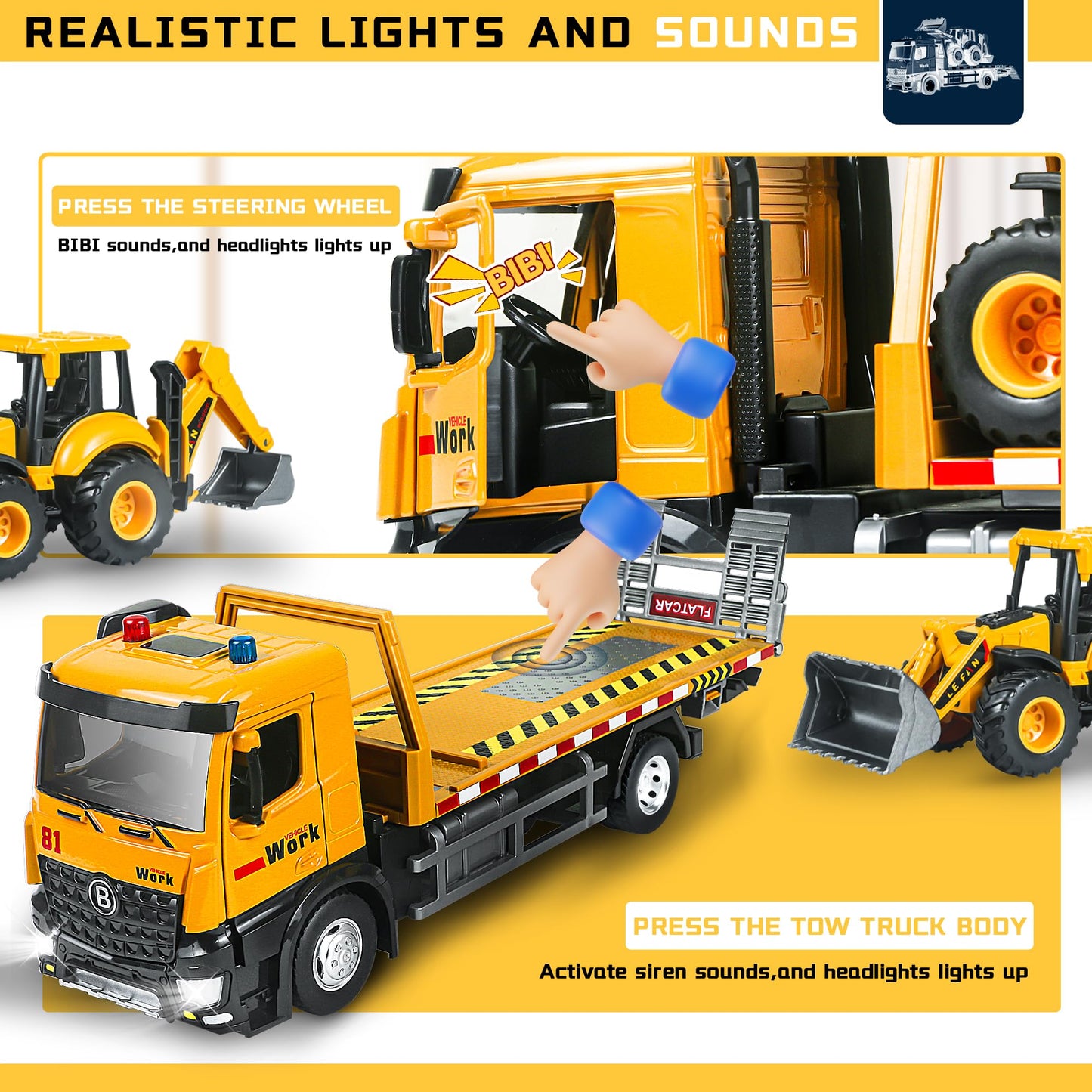 ID Gerilla Tow Truck Toy Metal Cab, Flatbed Construction Vehicles Toys with Backhoe Loader, Friction Powered Transport Trailers