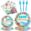 Gisgfim 96Pcs Under The Sea Baby Shower Party Supplies Paper Plates Napkins Ocean Theme Party Tableware Set Ocean Animal Underwa