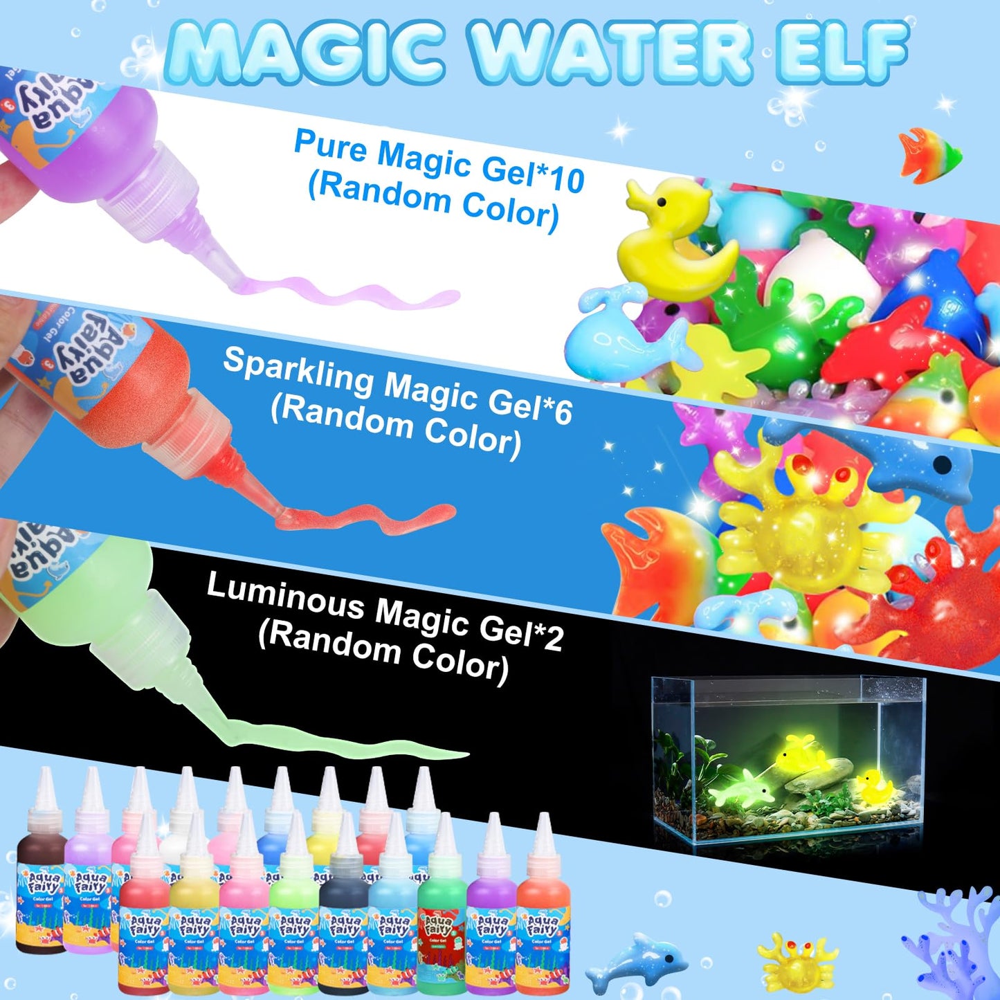 Lovyi Magic Water Elf Toy Kit,Aqua Fairy Water Gel Kit,DIY Squishy Maker with 18 gels &12 Shape Toolings,Magic Gel Water Pets,Sq