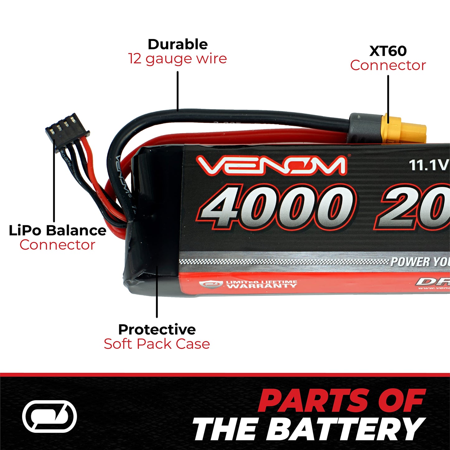 Venom 20C 3S 4000mAh 11.1V LiPo Battery with Universal Plug (Compatible for EC3/Deans/Tamiya)