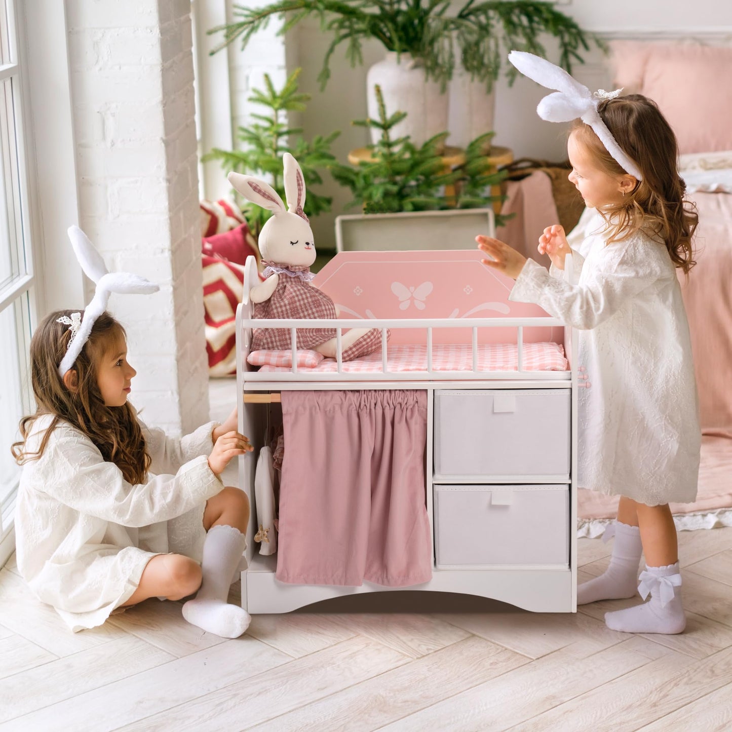 Robotime Baby Doll Crib, Wooden Doll Bed, Toy Baby Crib With Storage, Bedding, And Wooden Hooks, Doll Crib Fits Dolls Up To 21''