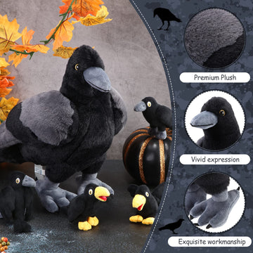 Hydren 5 Pc Black Crow Plush Toy Set Realistic Crow Stuffed Animal Soft Large Black Bird Crow Plush And 4 Small Black Crows For