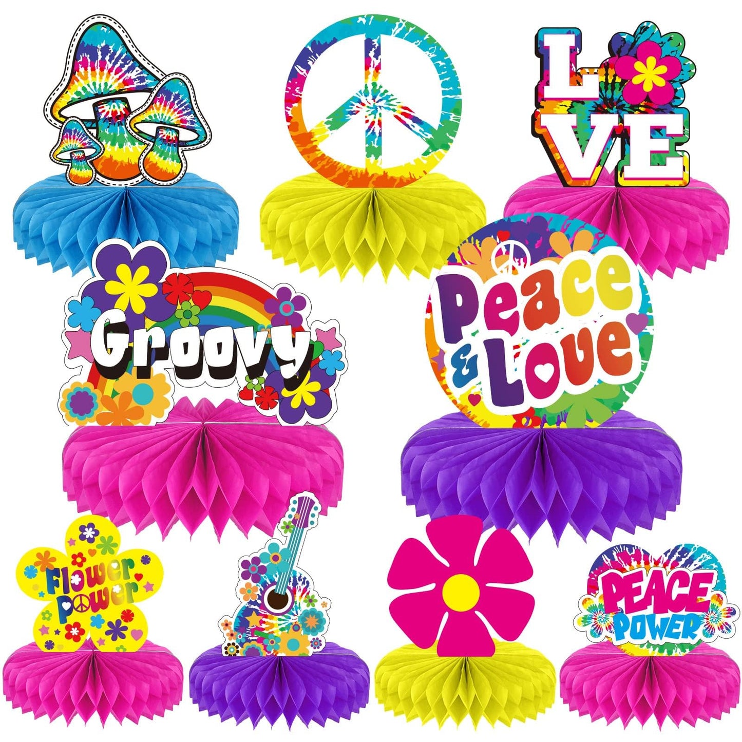 9 Pieces 60s Party Supplies Hippie Party Honeycomb Centerpieces for Tables Decorations 60s Hippie Theme Groovy Party Table Topp