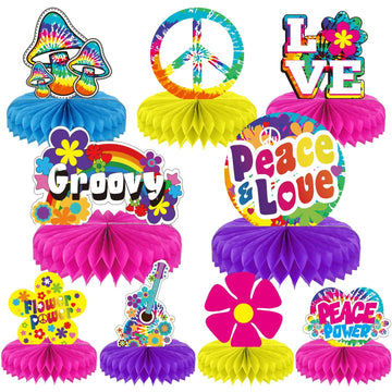 9 Pieces 60s Party Supplies Hippie Party Honeycomb Centerpieces for Tables Decorations 60s Hippie Theme Groovy Party Table Topp