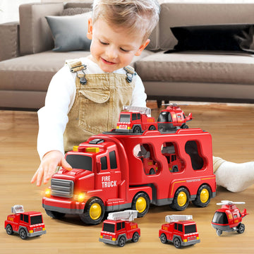 JUKUDAHU Truck Toys for 3 4 5 6 Years Old Boys, Toddler Car Toys for Toddler Boys Ages 3-5, Fire Toys Car Carrier Vehicle Toy Se