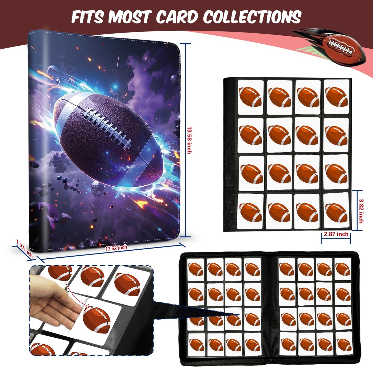 Football Card Binder 16 Pocket  enhanced 1000+ Cards PU Cover Trading Sports Card Binder Side Loading Card Holder Collection Album Folders