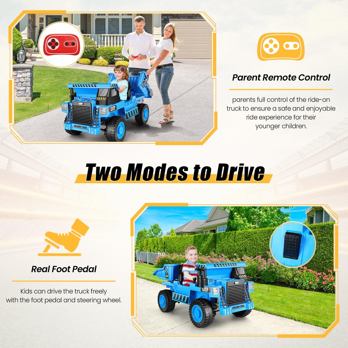Hikole Kids Ride on Dump Truck with Remote Control, 12V 4WD Power Car Wheel with Dump Bed, Shovel, Bluetooth, Music Player, Ride