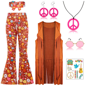 Sizgaroot Hippie Costume For Girls Kids 60S 70S Outfits Costume Halloween Dress Up Party (Brown, 9-10 Years)