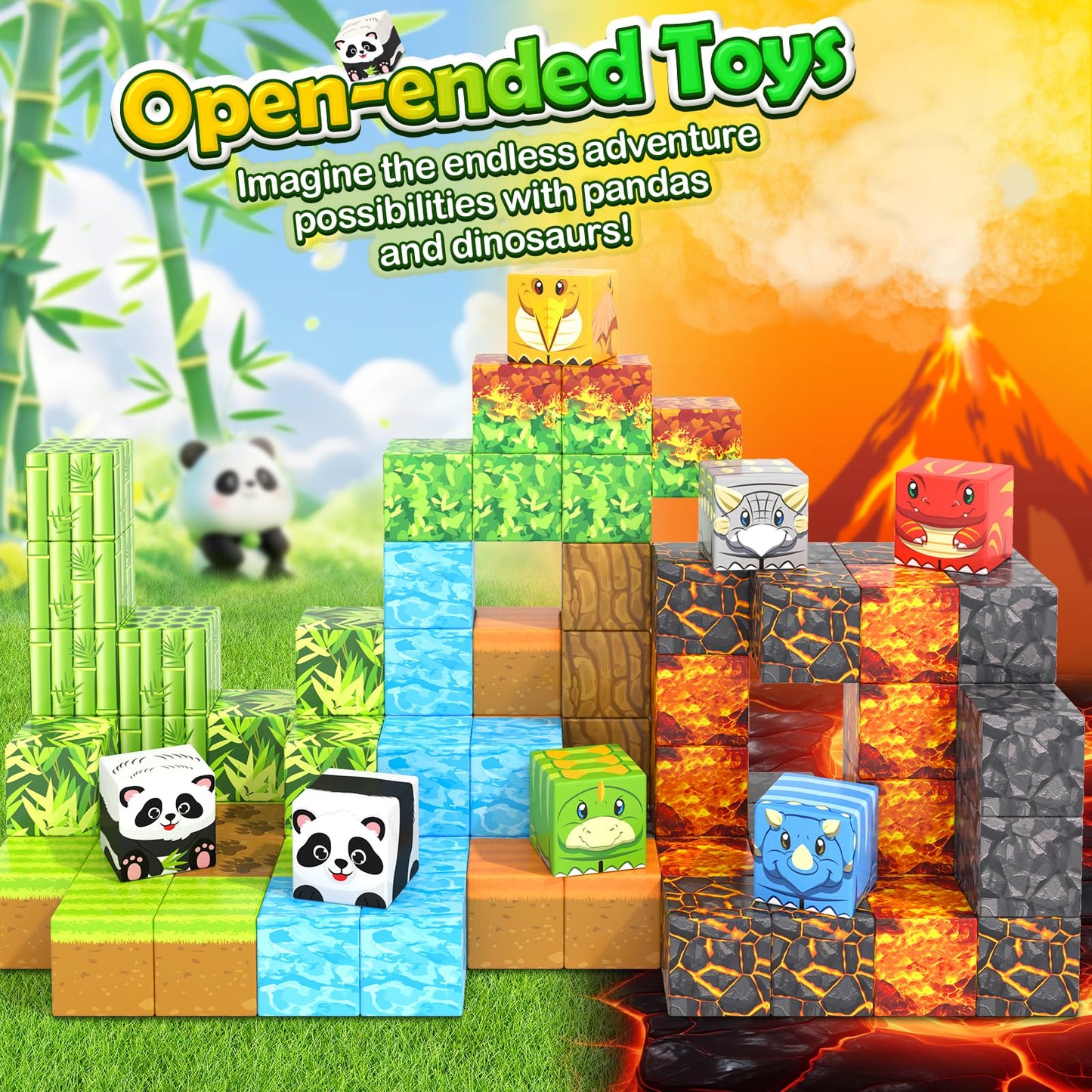 Magnetic Blocks-Build Mine Magnet World Dinosaur Panda Toys Kids Games, Toddler Stem Educational Sensory Dino Toys For Kids 3-5