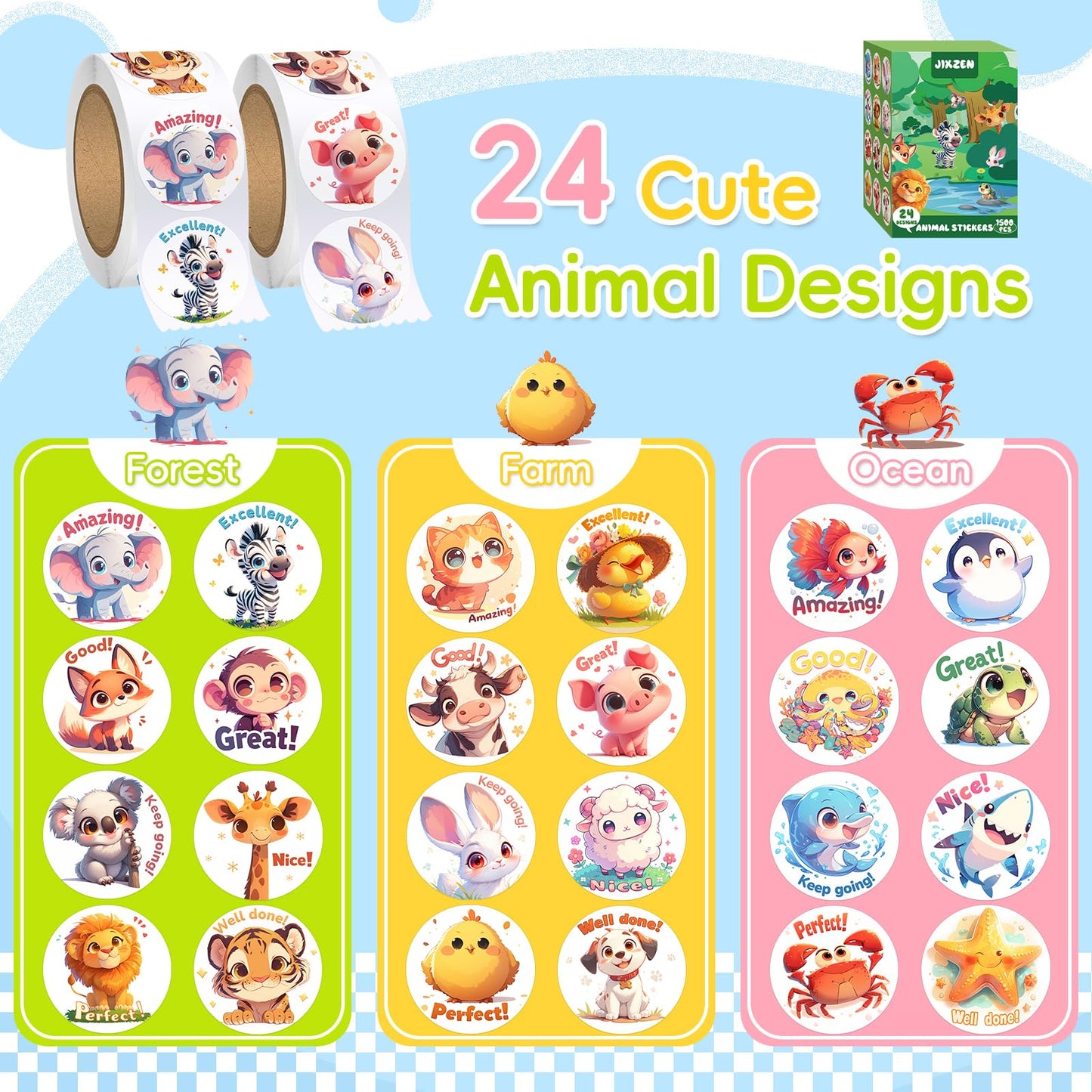 JIXZEN 1.5 Inch Animal Stickers for Kids, 3 Rolls 1500 PCS Cute Stickers for Toddlers 2-4 Years, 24 Designs Farm/Ocean/Wild Moti