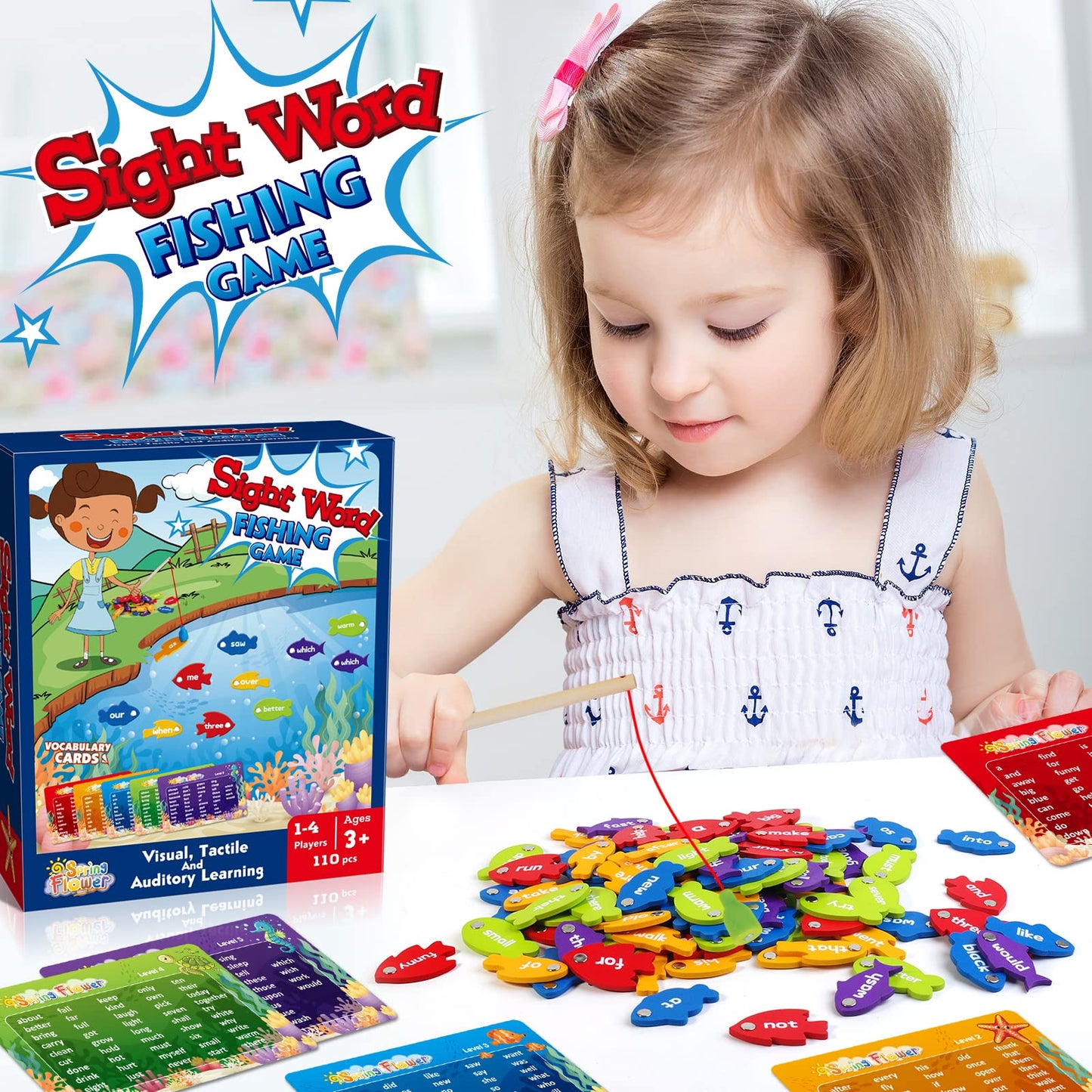 Springflower Wooden Magnetic Sight Word Fishing Game, Sight Word Educational Toy For Age Of 3,4,5,6 Year Old Kids, Boys & Girls,Homeschool,Visual, Tactile And Auditory Learning