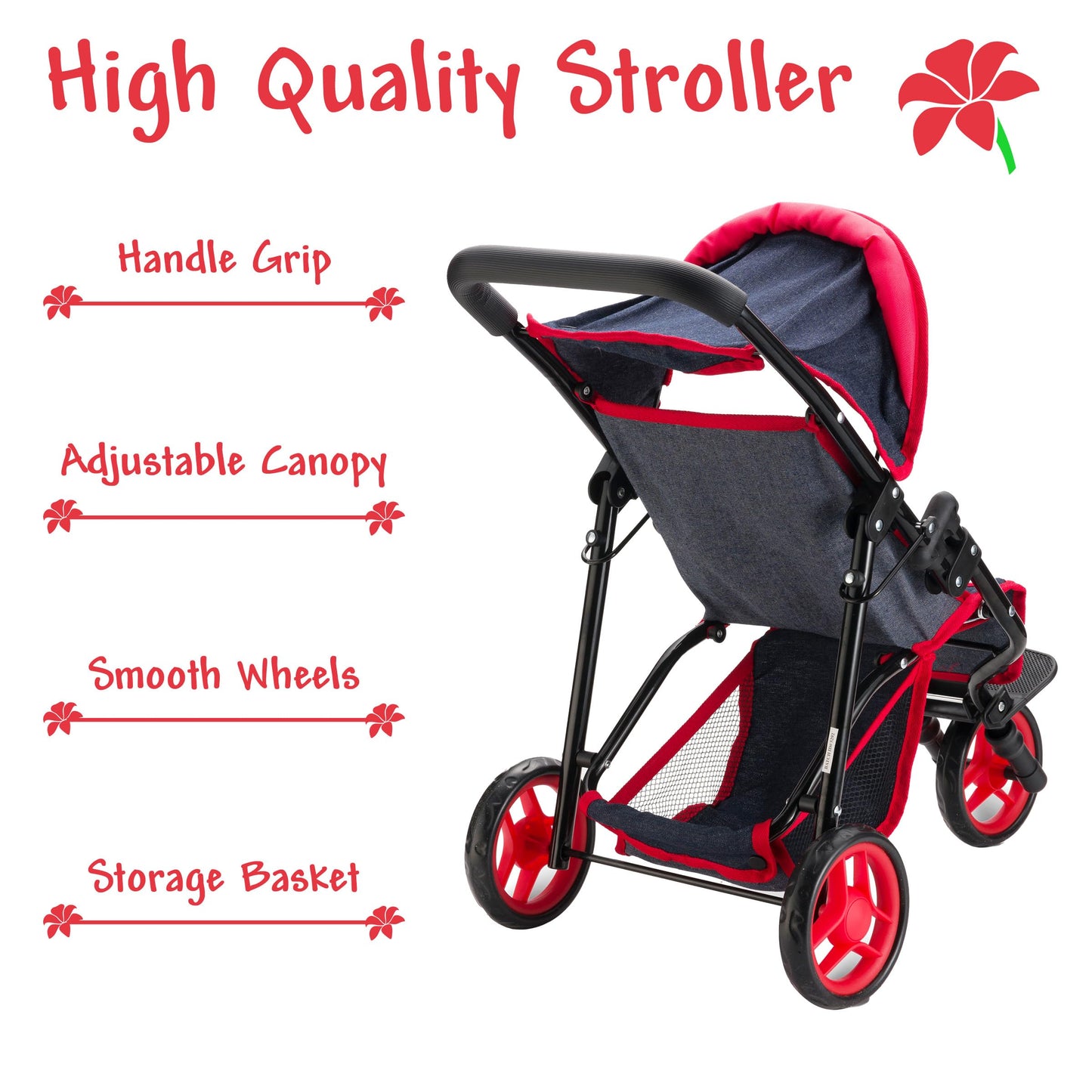 Baby Doll Stroller For Dolls - Jogger Toy Doll Stroller For Toddlers 3 Years And Up, Adjustable Canopy & Storage Basket, Denim Design For Kids