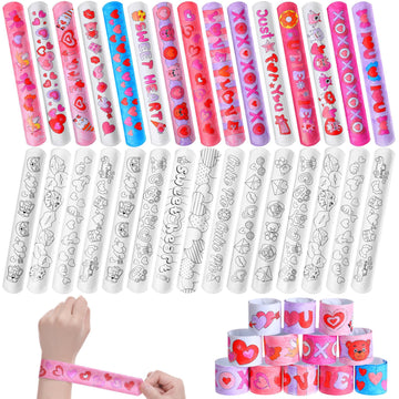 Quelay 120 Pcs Valentines Slap Bracelets Valentine's Day Crafts Color Your Own Slap Bracelets White Blank Snap Wristbands Bulk V