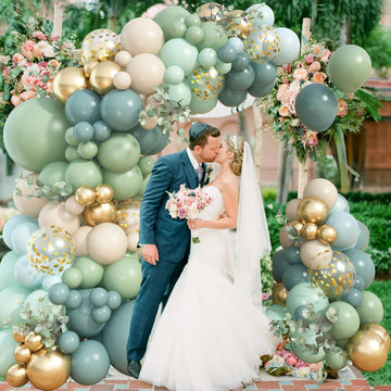 Jobkoo 122Pcs Dusty Blue Sage Green Balloon Garland Kit, Pastel Olive Green Slate Blue Beige Metallic Gold Confetti Balloon Arch