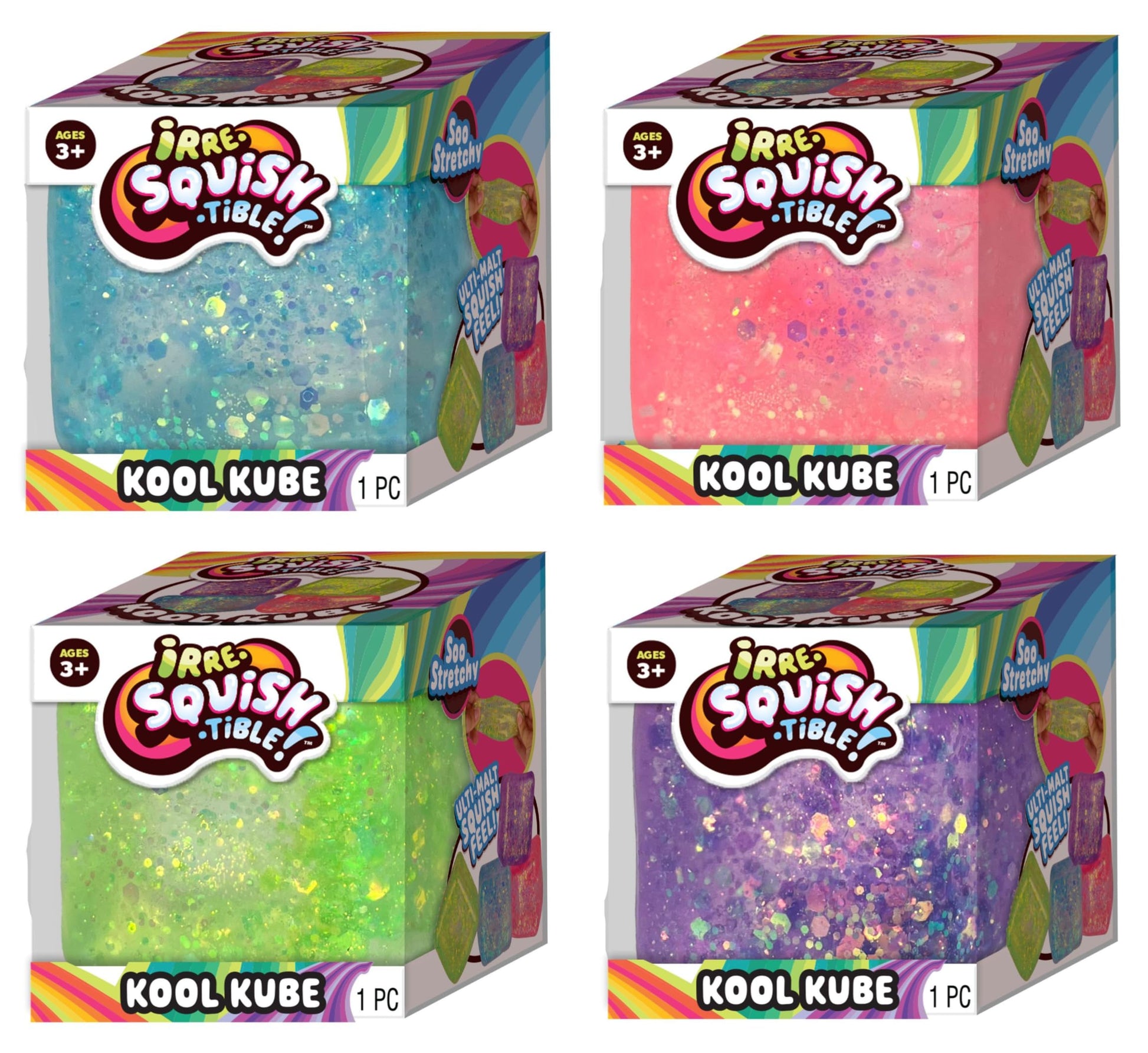 JA-RU Squishy Kool Kube (4 Cubes Assorted) Irresistible Squeezy Glitz Cube Toy for Boys & Girls. Stretchy Ulti-Malt Squish Feel Fidget for Kids  Teen & mature-themed. Stress Relief Fun Party Favor. 4542-4