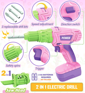 Kids Tool Set with Electric Toy Drill Chainsaw Jigsaw Toy Tools for Girl, Realistic Kids Power Construction Pretend Play Tools S