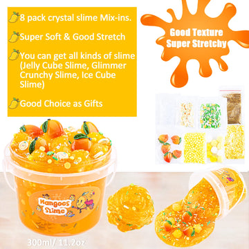 Clear Slime, Orange Mango Clear Jelly Cube Glimmer Crunchy Slime Kit With 8 Add-Ins, Idea Stress Relief Toy, Kids Party Favor, Birthday Christmas New Year Easter Gifts For Girls & Boys Age 6 7 8 9 10+