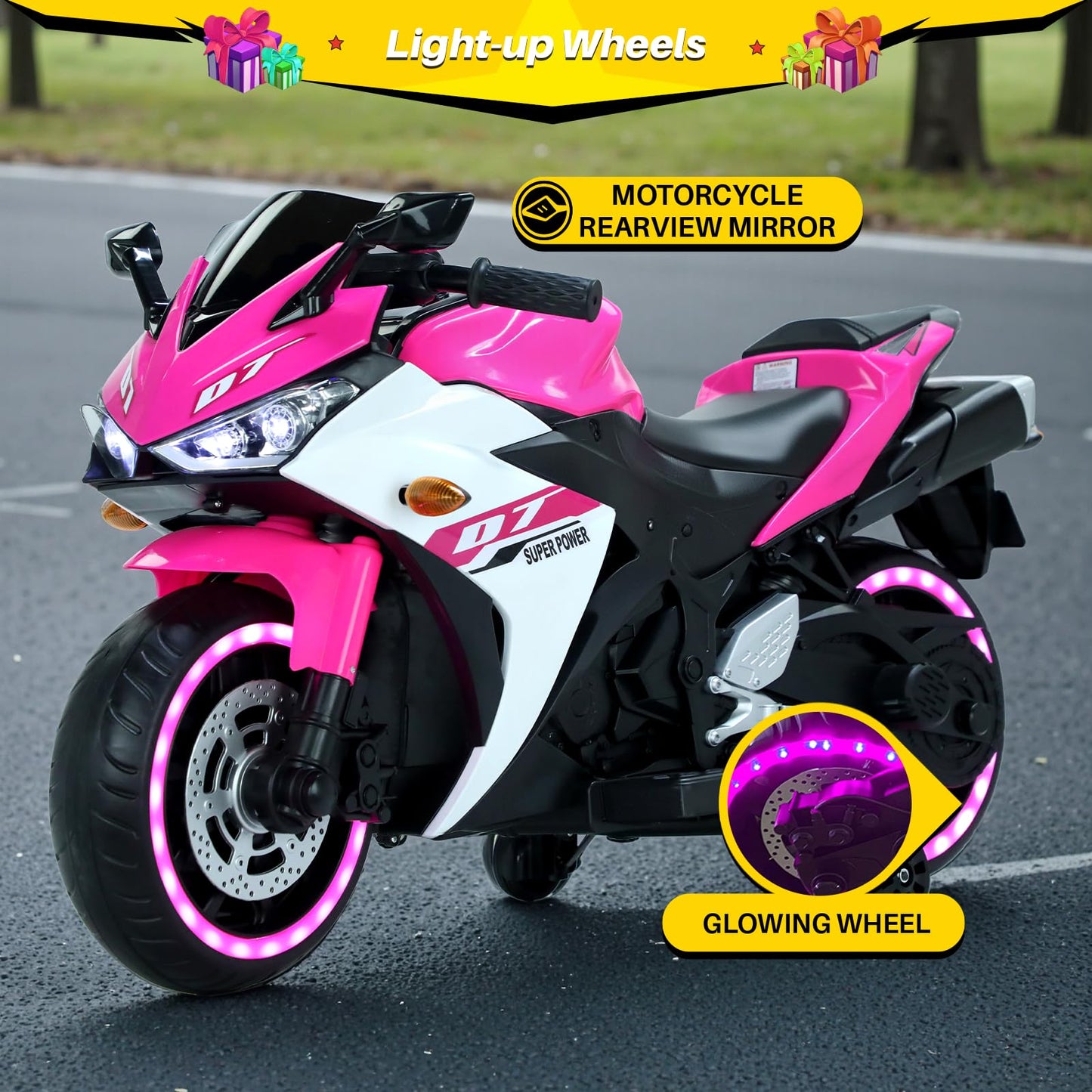 Blitzshark 12V Electric Motorcycle  Kids Motorcycle with Training Wheel  7AH Battery Ride On Motorbike for Kids  3.2 MPH Max Speed  Twist Grip Throttle  Soft Tires  Extra Long Seat  Pink and White