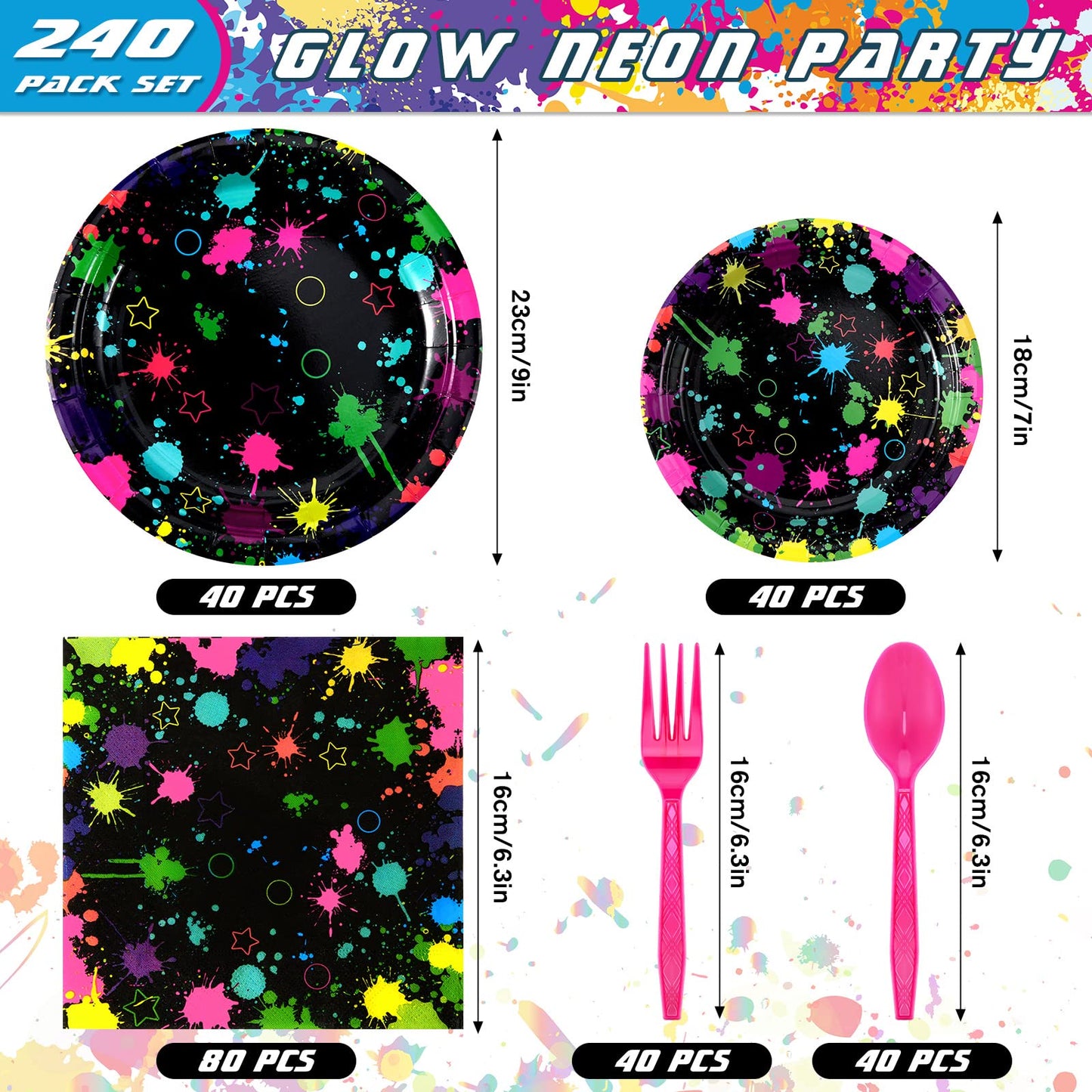 Jetec 240 Pcs Fluorescent Style Birthday Party Supplies Include 7   9   Plates Napkins and Tableware Forks Spoons for 40 Gue