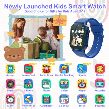 Kids Watch Boys With 32 Games Toys For Ages 3-12 Smart Watch For Kids With Hd Touch Screen,Video,Camera,Music Player,Pedometer,Learn Cards,Audiobook,10 9 8 7 6 5 4 Year Old Boys Birthday Gifts(Blue)