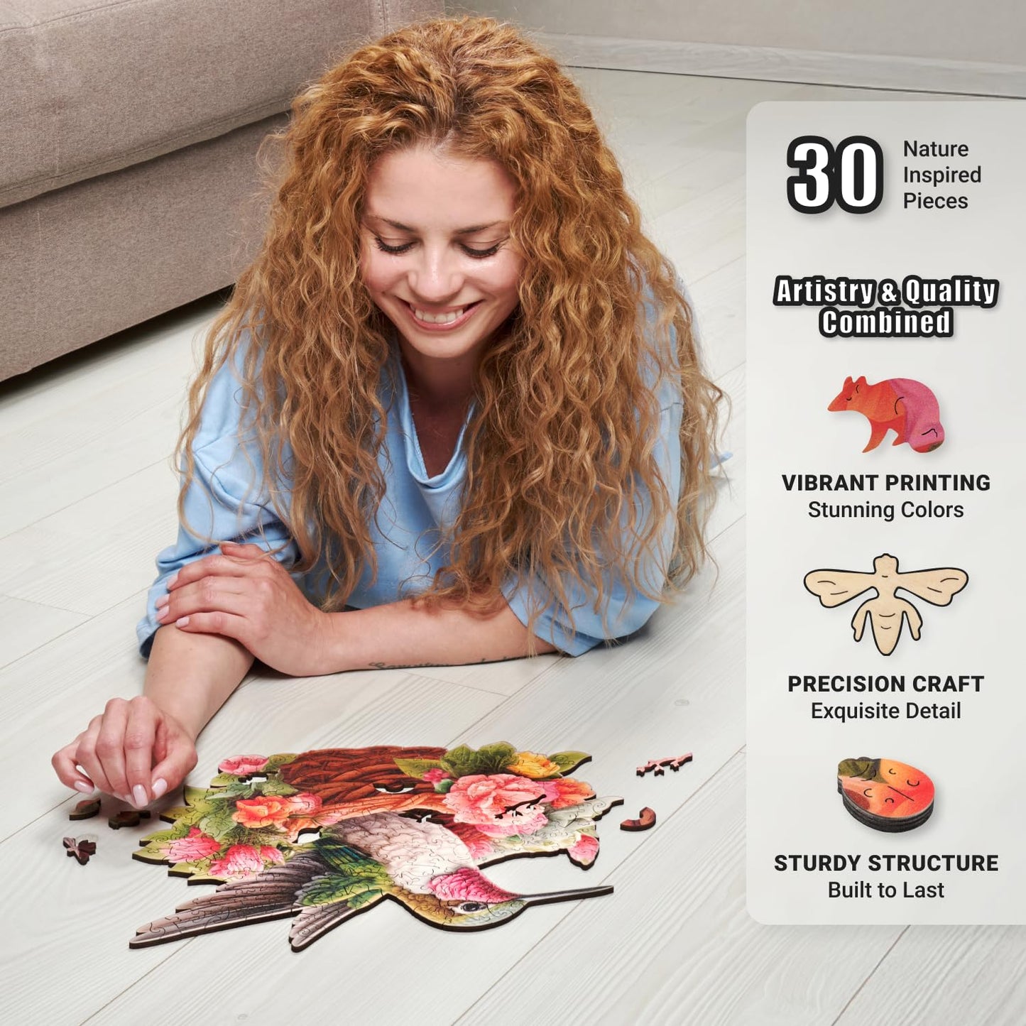 Glorious Hummingbird - 200 Piece Wooden Puzzles for mature-themeds - 13.5 x 11.3 in - Extra-Thick 5 mm Wood Puzzle  Hand-Drawn Pieces  Bird-Shaped XL Mosaic Design - enhanced Gift for Puzzle Lovers by LEOGOR