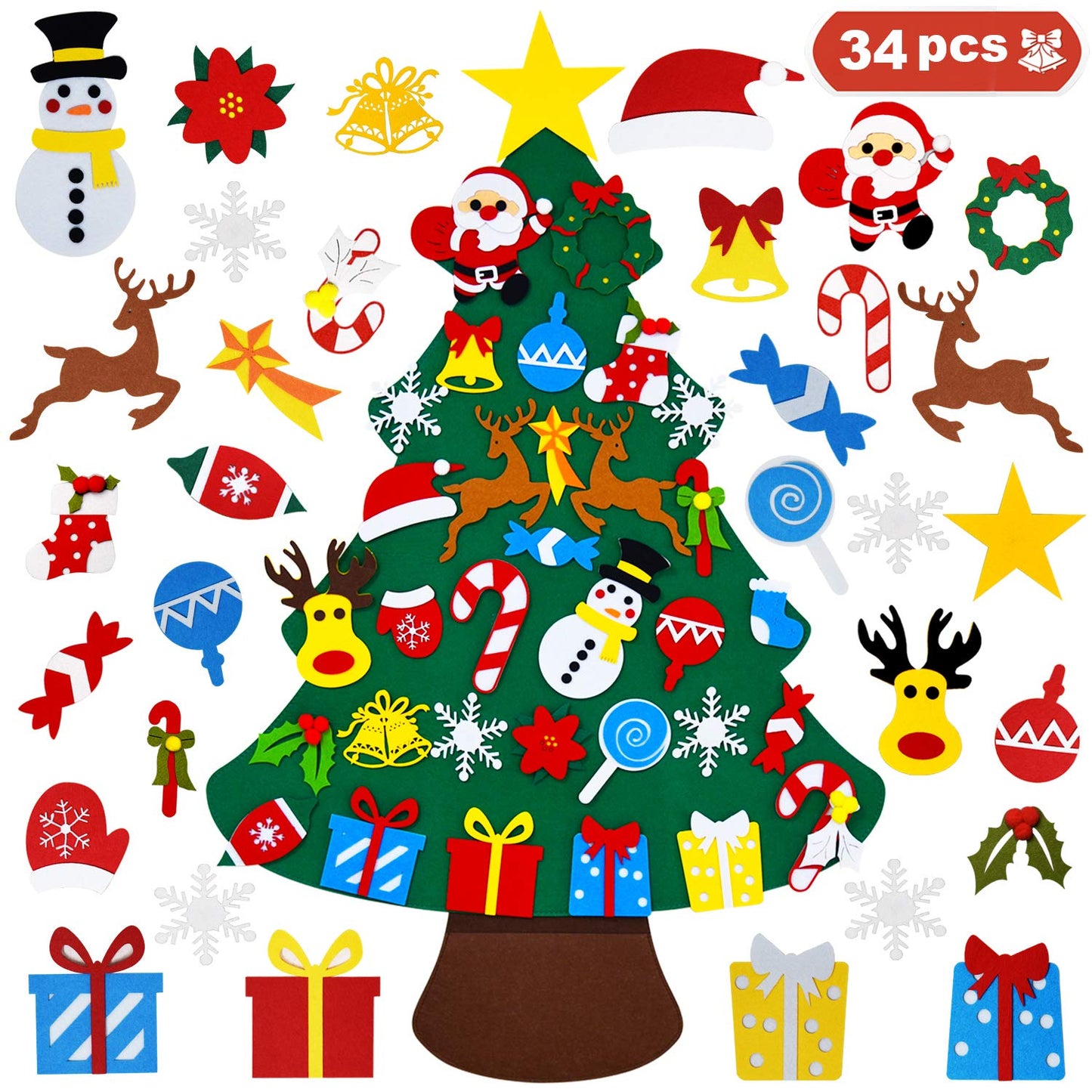 THAWAY DIY Felt Christmas Tree for Toddlers with 34 pcs Detachable Ornaments, Kids Door Wall Hanging Xmas Gifts Christmas Decora