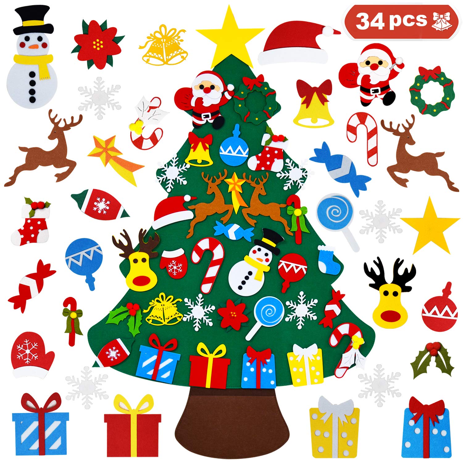 THAWAY DIY Felt Christmas Tree for Toddlers with 34 pcs Detachable Ornaments, Kids Door Wall Hanging Xmas Gifts Christmas Decora