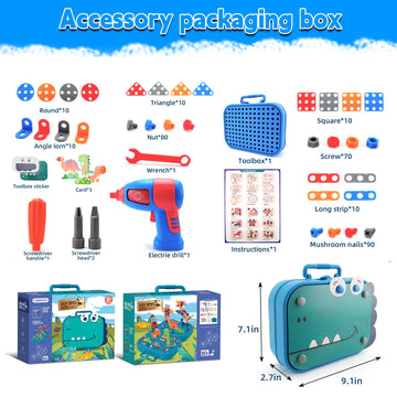 Fiveisix 298Pcs Dinosaur Toy Magic Montessori Play Toolbox for Kids, 2D/3D Creativity Tool Box with Drill, Design and Drill Mont