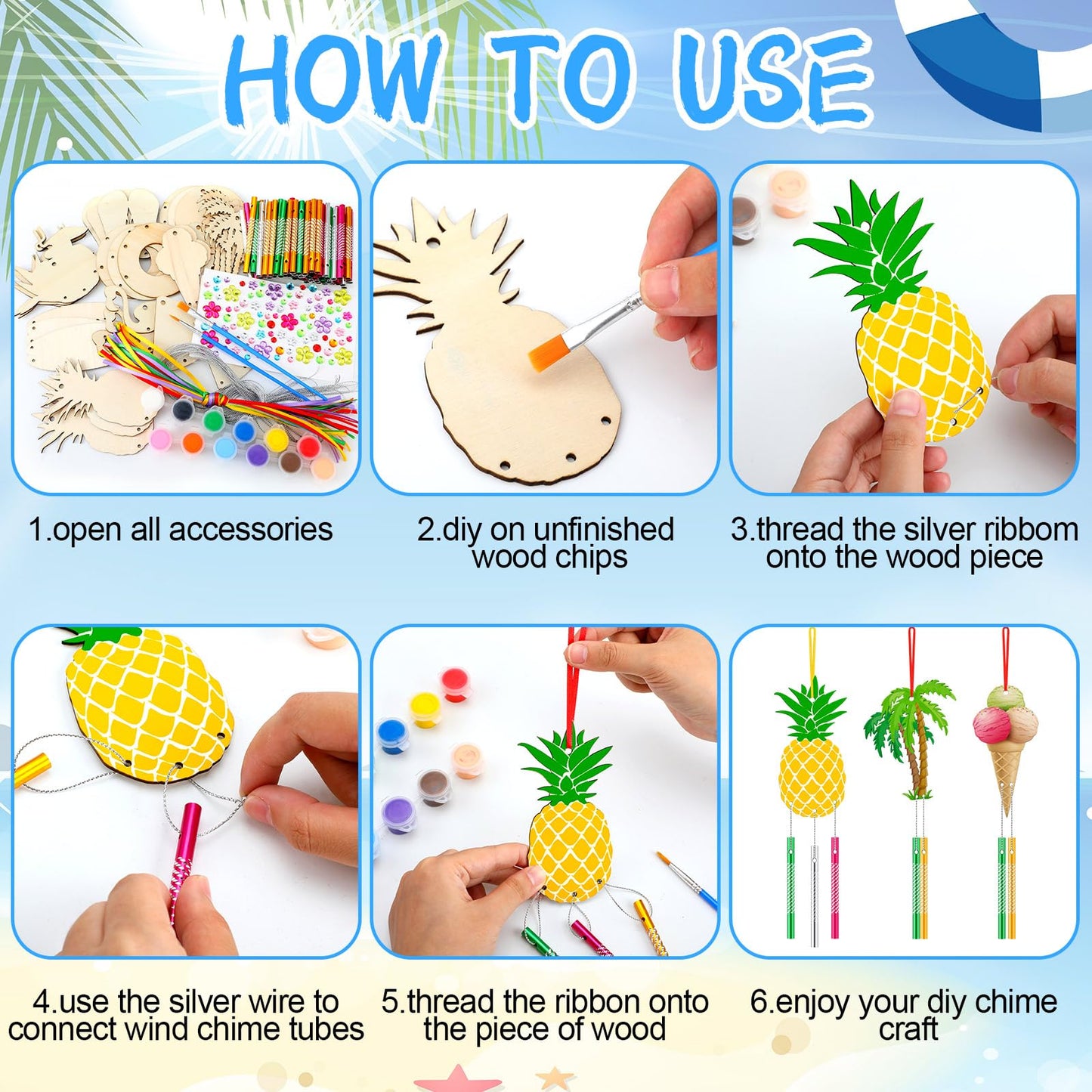JellyArch 30 Pack Summer Wind Chime Making Kit for Adults Make Your Own Summer Wind Chime Beach Wooden Ornaments for DIY Crafts