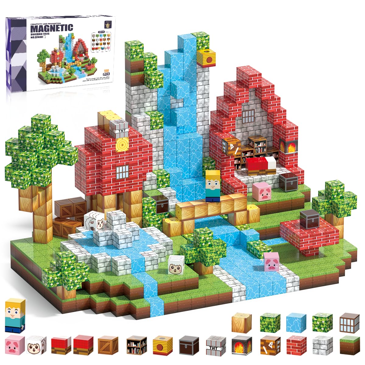 Magnetic Building Blocks Set, 100 Pcs, Waterfall Theme, Creative Construction Toy for Kids