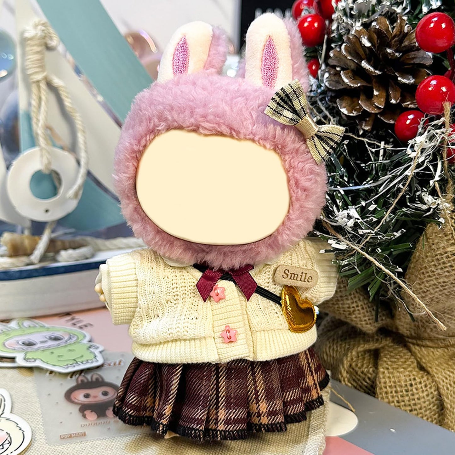 QIUTIMIY Clothes for Doll 17cm Doll Clothes 5-Piece-Set Doll Clothes enhanced Doll Outfit with Accessories-Headdress+Sweater+Shirt+Pleated Skirt+Bag(NO Doll Included)