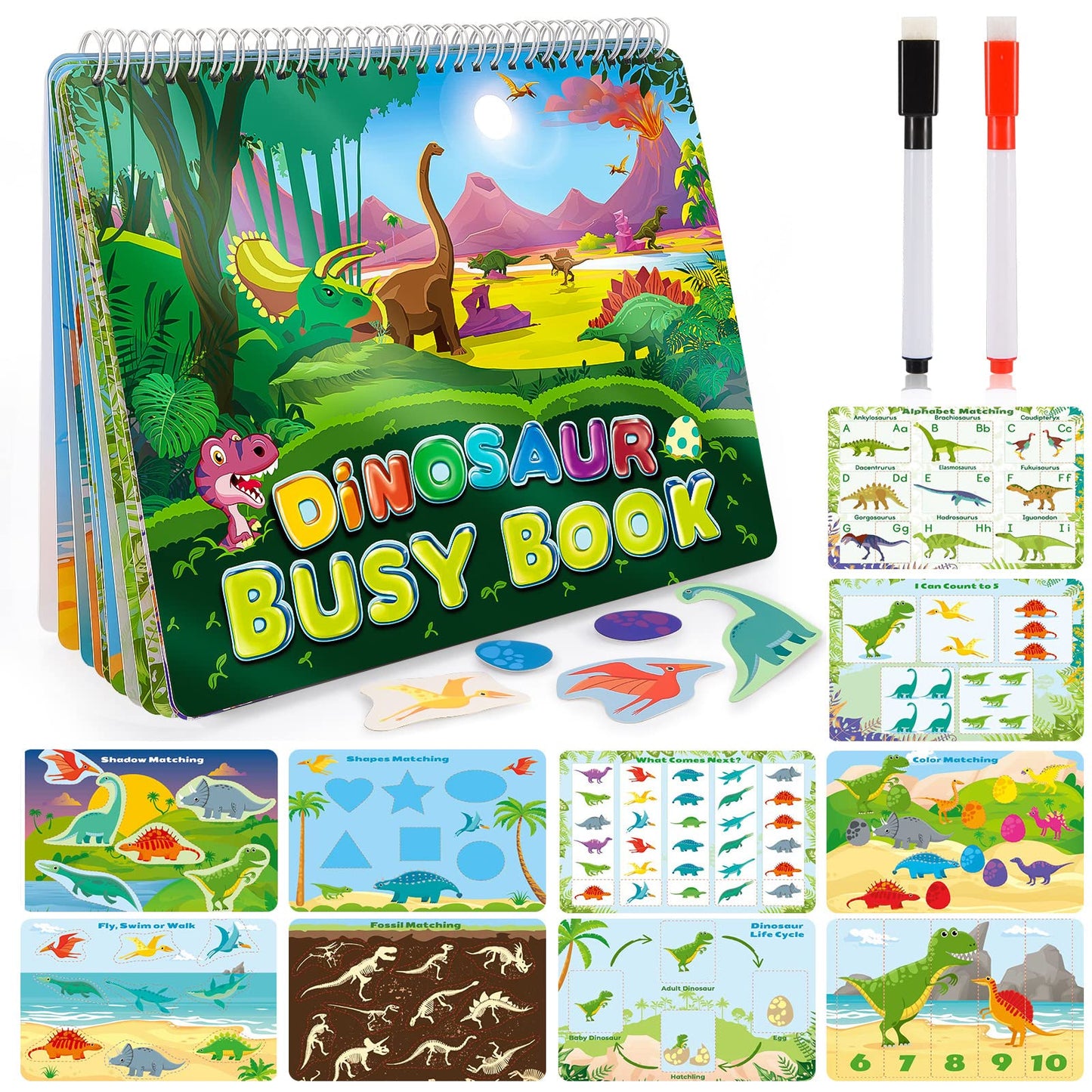 Easter Basket Stuffer Dinosaur Toys For Kids 3-5, My Preschool Busy Book Montessori Toys For 3 4 5 6 7 Year Old Boys Girls Preschool Learning Homeschool Activities Birthday Gifts For Kids Ages 2-4 5-7