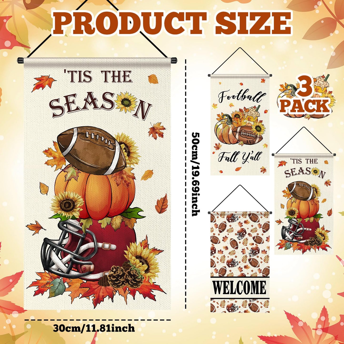 Tegeme 3 Pcs Fall Football Decorations Door Sign Flag Football Pumpkin Door Banner 12 x 20 Inch Autumn Welcome Hanging Banner Se