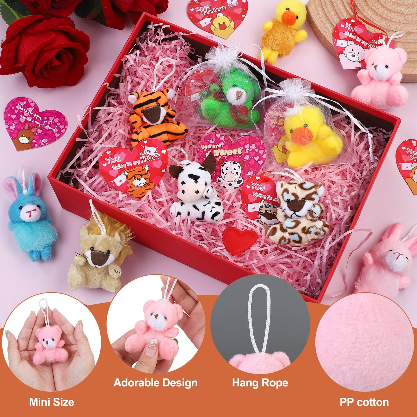 Fovths 32 Packs Valentine'S Day Mini Stuffed Animal With Heart Cards Jungle Animals Plush Toy Keychain For Valentines Day Gifts
