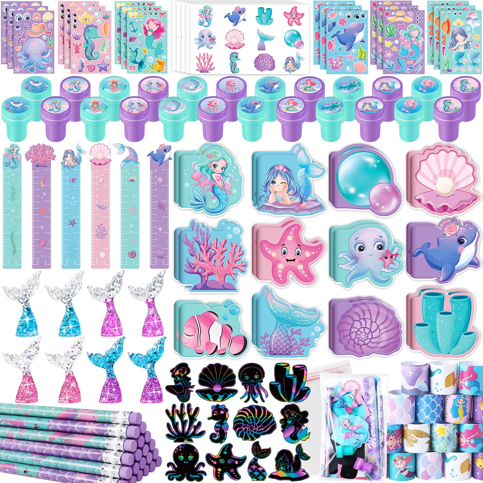 BenLouis 120Pcs Mermaid Party Favors Little Mermaid Pencils Stickers School Stationery Bulk for Kids Mermaid Birthday Decor Baby