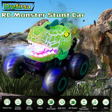 Drefirsa Remote Control Dinosaur Car for Boys Age 4-7 8-12, 50min+ Runtime Monster Truck Toy with Spray, Light, Music, 360 Rotat
