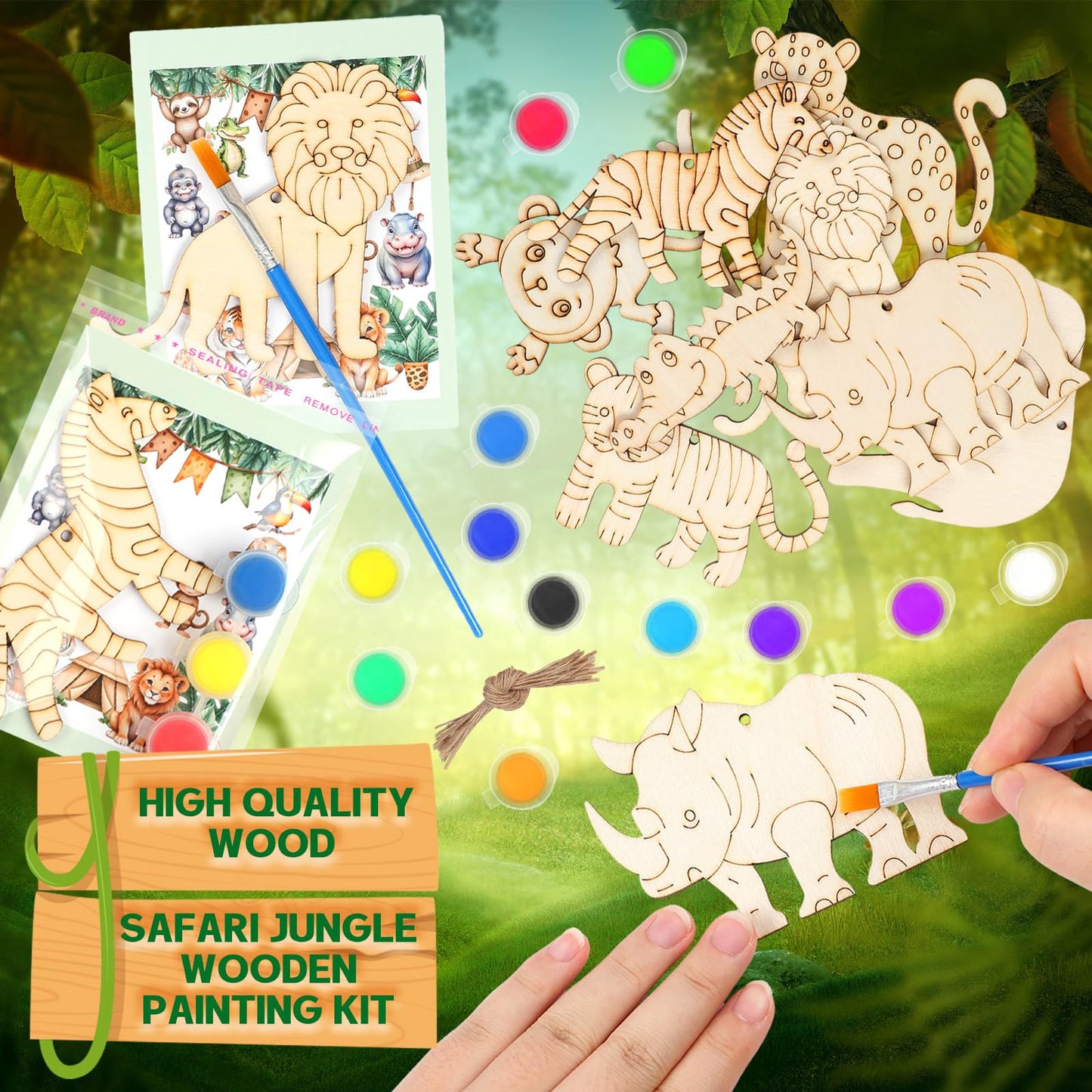 Colingmill 24 Set Safari Party Favors Jungle Craft Kits Supplies DIY Safari Jungle Wooden Painting Kit Wooden Coloring Crafts Wi