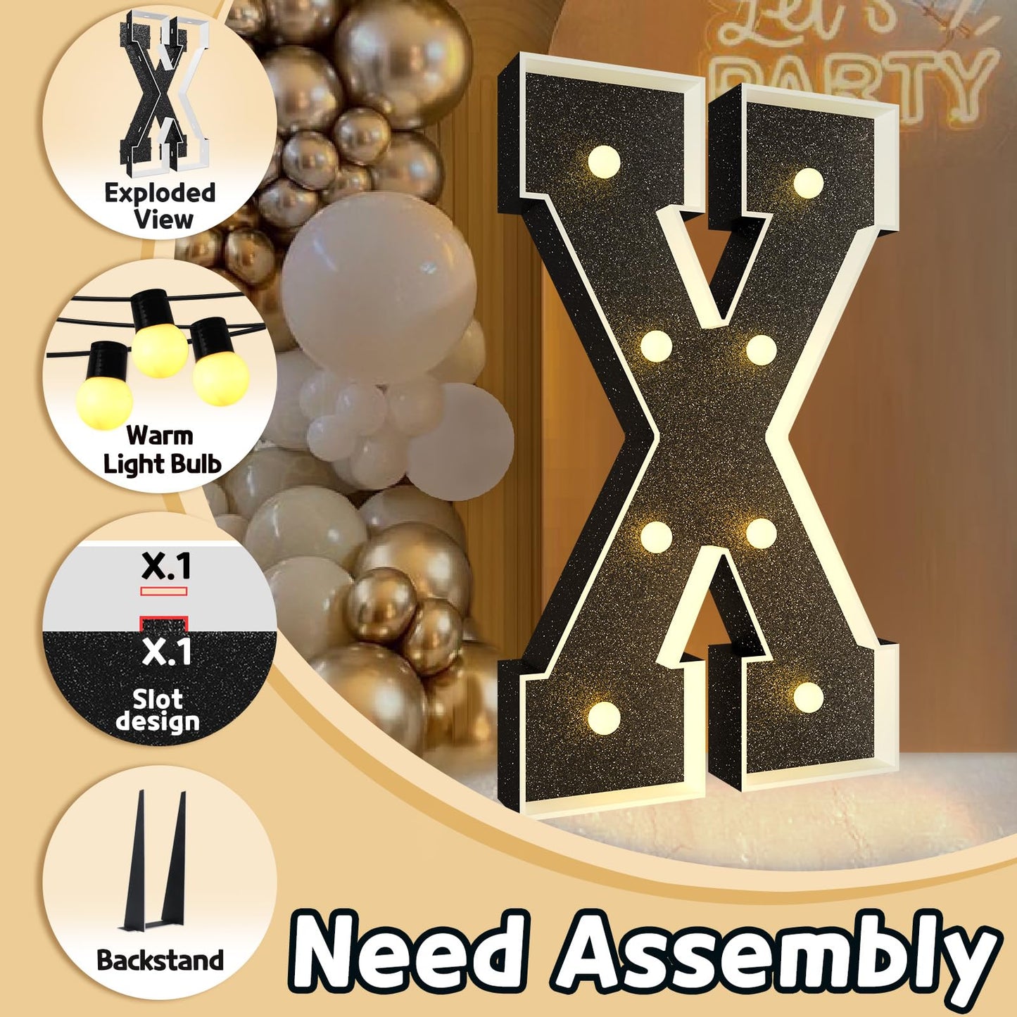 Imprsv Marquee Letters Black 3Ft: Black Party Decor - Light Up Letter X Large 3 Feet Tall - Party Decorations Letter For Birthda