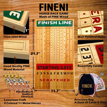 Fineni Horse Racing Game For Adults, Horse Race Board Game With 11 Luxurious Metal Horses (Silver, Black, Rose Gold), 22” Pine Wood Horse Race Game Board, Dice & Card Included (Log Color3)