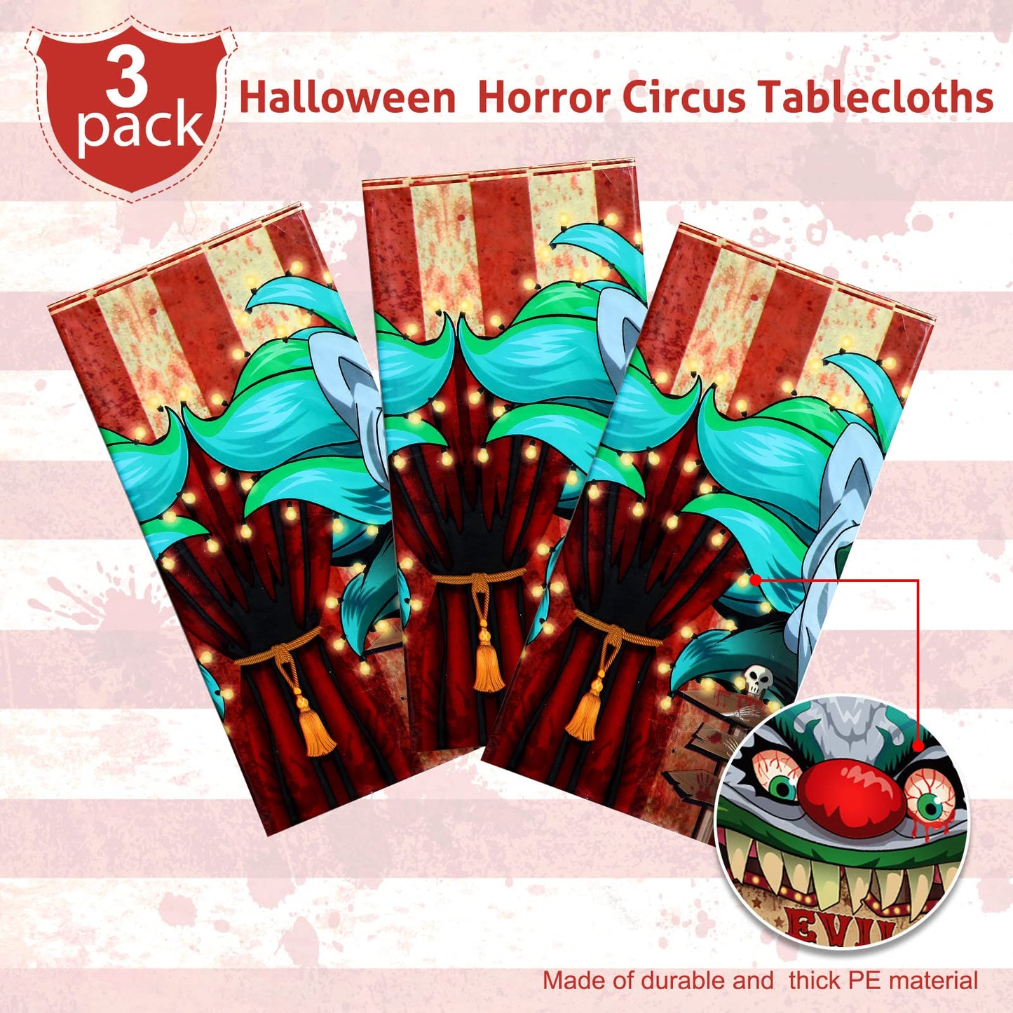 Tiamon 3 Pieces Halloween Tablecloth Horror Circus Table Cover Giant Evil Clown Tablecloth Halloween Circus Plastic Table Cover