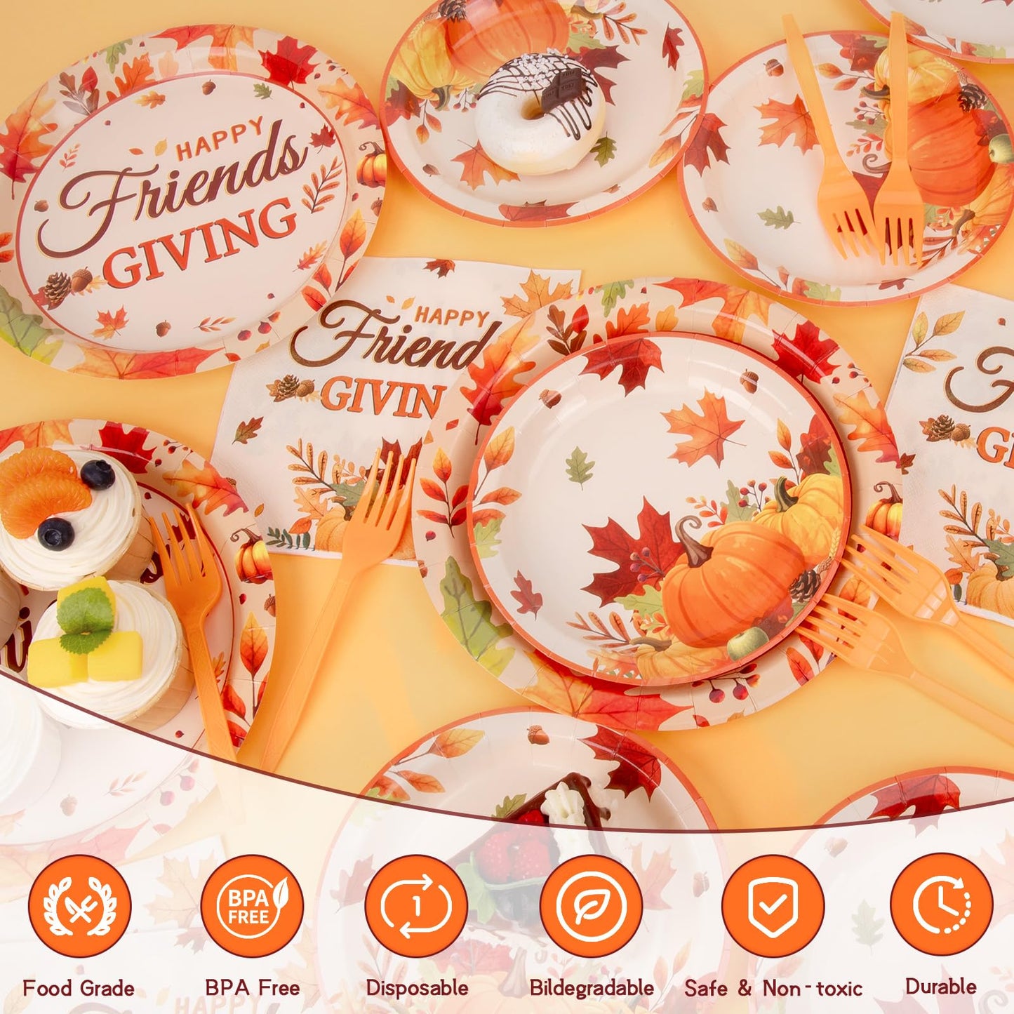 REDWORD Friendsgiving Plates, 98Pcs Friendsgiving Paper Plates-Serve 24 with Friends Giving Banner Fall Pumpkin Tablecloth Napki