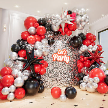 Bonropin 161Pcs Red And Black Balloon Arch Kit With Explosion Star Balloons, 5/10/12/18In Red Black And Metallic Silver Balloons
