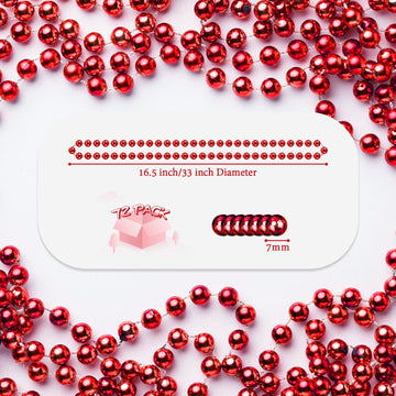 YAXINRUI 72 PCS Metallic Red Bead Necklaces, 33 Inch 7 mm Mardi Gras Beads Bulk Round Beaded Necklaces Costume Necklace for Mard