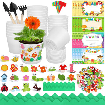 Elcoho 24 Packs Garden Plastic Pot Craft Kit Plant Spring Craft Kits for Kids Flower Pots with 150 Foam Stickers 36 Labels 24 Ce