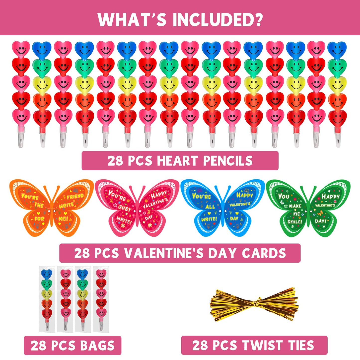 Feltom 28 Pack Valentines Day Gift Cards for Kids with Stacking Heart Pencils, Valentines Day Gifts for Kids Boys Girls, Valenti