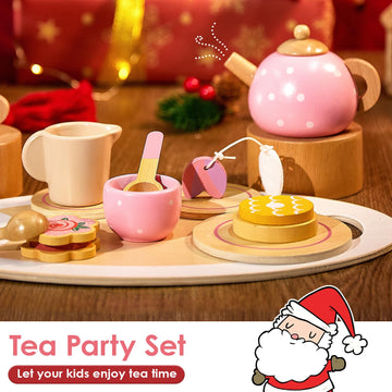 BUYGER Pretend Play Princess Tea Party Set for 3 4 5 6 + Year Old Wooden Kitchen Play Food Accessories Sets Gifts for Toddler Li