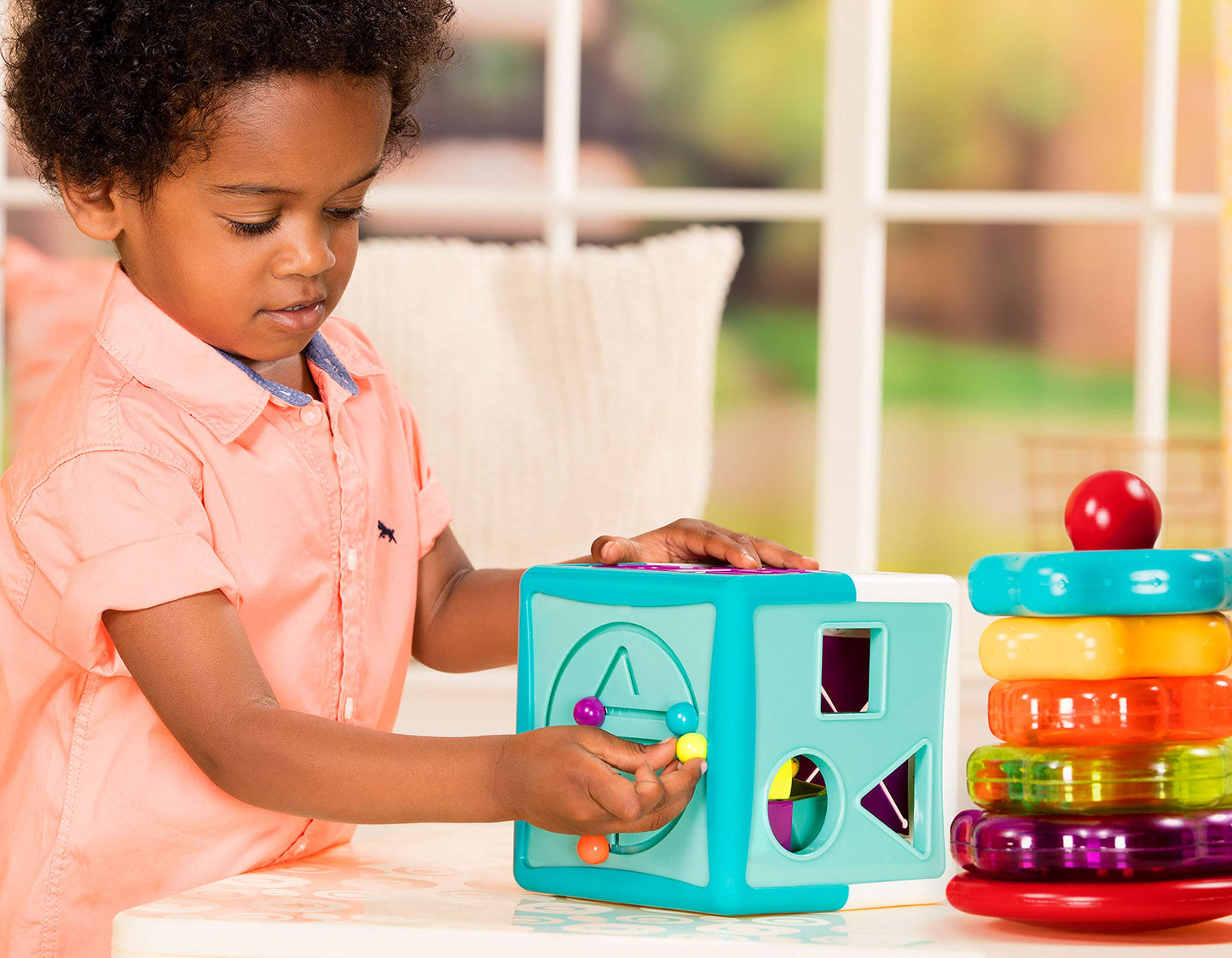 Battat – Sort & Stack Combo – 17-Piece Sensory Sorting Set – Activity Cube With Bead Maze – Educational & Dexterity Toys – 2 Years + – Shape Sorter Cube + Stacking Rings