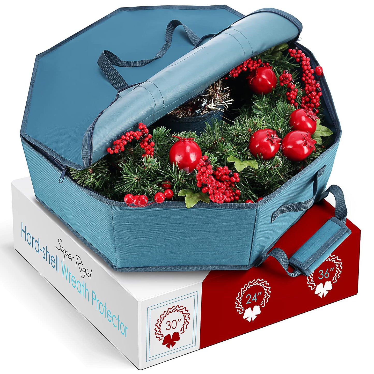 Hearth & Harbor Wreath Storage Container - 30" Hard Shell Bag with Dual Zipper & Handles - Blue - Model VDS-HHHS12-30