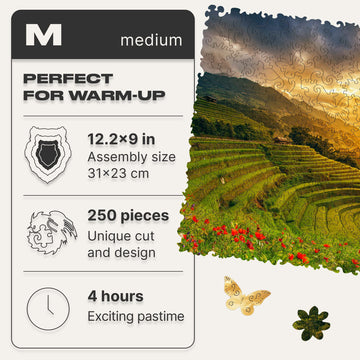 Unidragon Original Wooden Jigsaw Puzzles - Nature Rice Fields, 250 Pcs, Medium 12.2'X9', Beautiful Gift Package, Unique Shape Best Gift For Adults And Kids